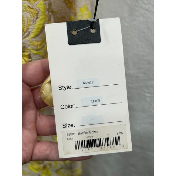 NWT Mac Duggal 66801 Metallic Brocade Strapless Bustier Gown Lemon Size 14W - Picture 13 of 14